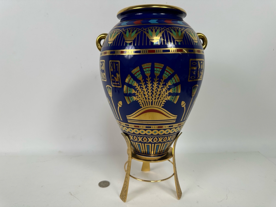 Vintage 1987 Franklin Mint 'The Golden Vase Of Bast' By Roushdy Iskander Garas Hand Decorated With 24K Gold Fine Porcelain Vase With Stand 8W X 10.5H [Photo 2]