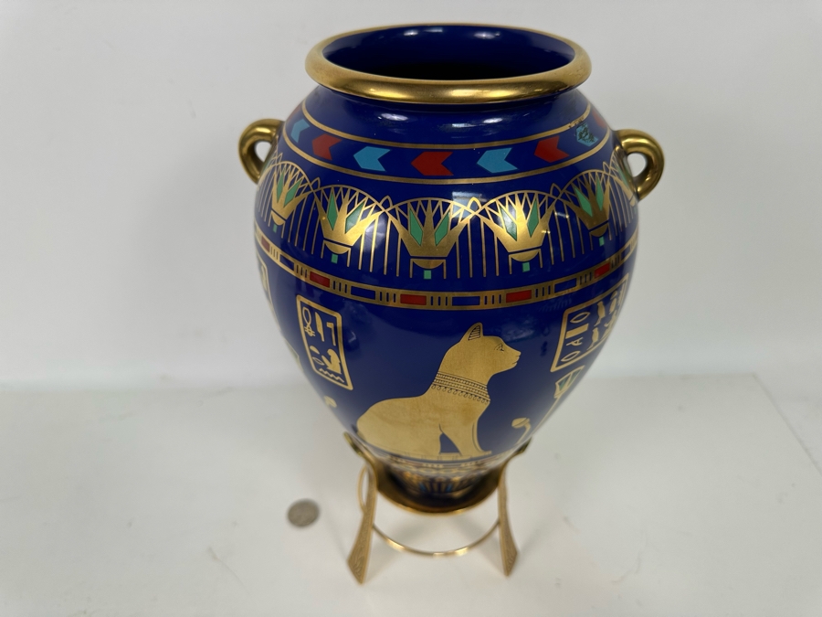 Vintage 1987 Franklin Mint 'The Golden Vase Of Bast' By Roushdy Iskander Garas Hand Decorated With 24K Gold Fine Porcelain Vase With Stand 8W X 10.5H [Photo 9]