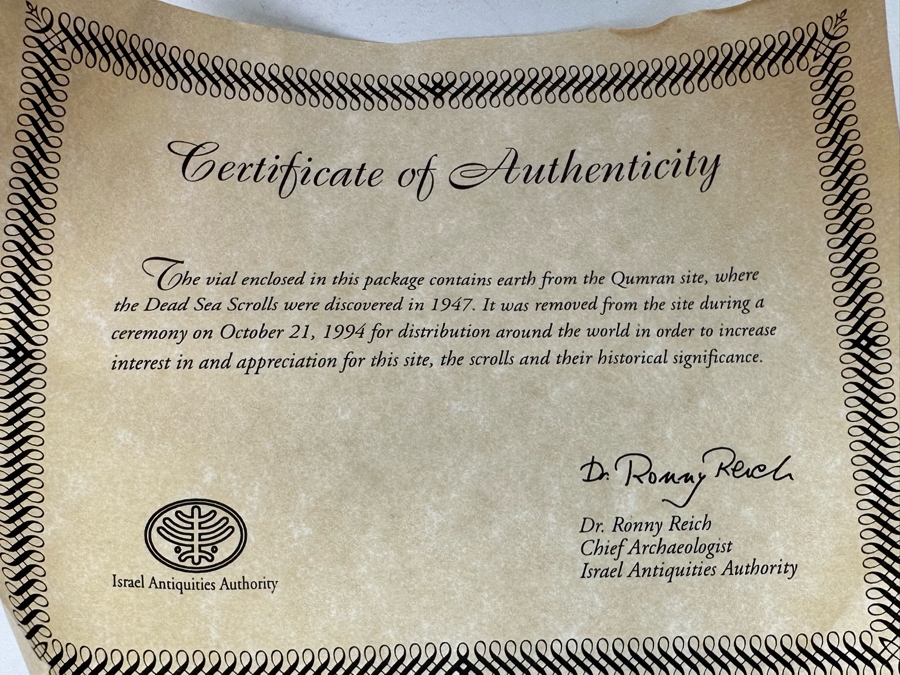 Vial Of Earth From The Qumran Site Where The Dead Sea Scrolls Were