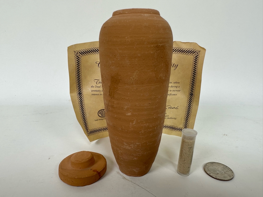 Vial Of Earth From The Qumran Site Where The Dead Sea Scrolls Were Discovered In 1947 With Cert From The Israel Antiquities Authority Plus Replica Pottery Jar With Hebrew Scrolls And Damaged Lid [Photo 3]