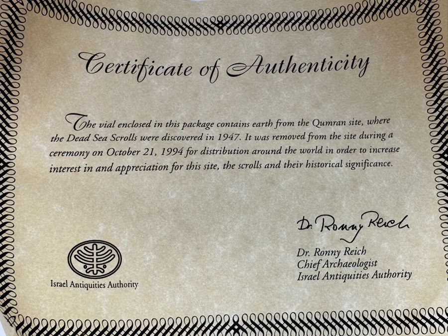 Vial Of Earth From The Qumran Site Where The Dead Sea Scrolls Were Discovered In 1947 With Cert From The Israel Antiquities Authority Plus Replica Pottery Jar With Hebrew Scrolls And Damaged Lid [Photo 9]