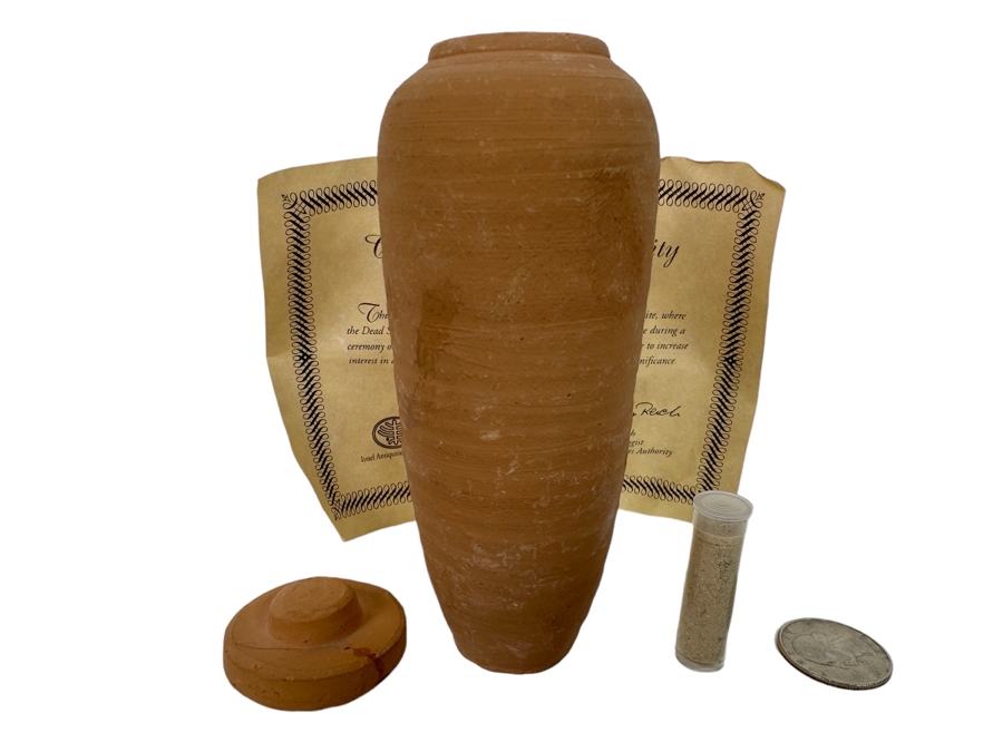 Vial Of Earth From The Qumran Site Where The Dead Sea Scrolls Were Discovered In 1947 With Cert From The Israel Antiquities Authority Plus Replica Pottery Jar With Hebrew Scrolls And Damaged Lid