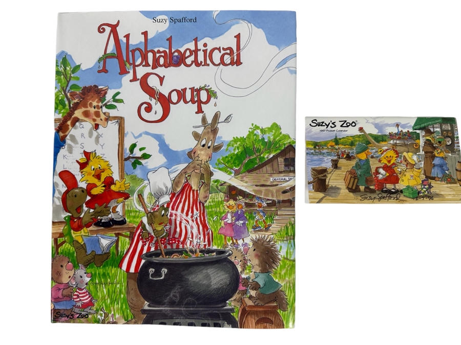 Signed Suzy Spafford Hardcover Children's Book Alphabetical Soup Plus Signed Suzy's Zoo 1997 Pocket Calendar