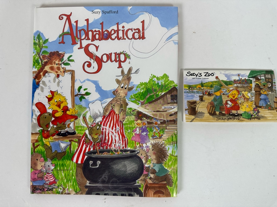 Signed Suzy Spafford Hardcover Children's Book Alphabetical Soup Plus Signed Suzy's Zoo 1997 Pocket Calendar [Photo 2]