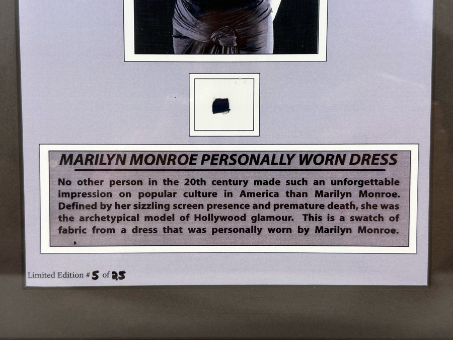 Limited Edition Swatch Of Fabric From A Dress Personally Worn By Marilyn Monroe Numbered 5 Of 25 Framed 10 X 12.5 [Photo 5]