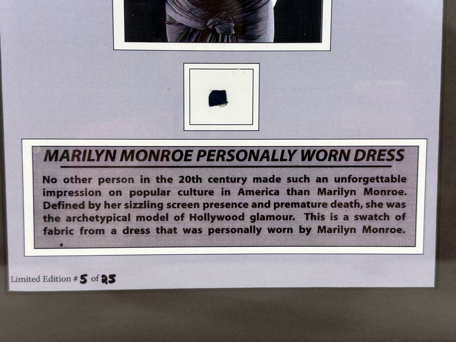 Limited Edition Swatch Of Fabric From A Dress Personally Worn By Marilyn Monroe Numbered 5 Of 25 Framed 10 X 12.5 [Photo 9]