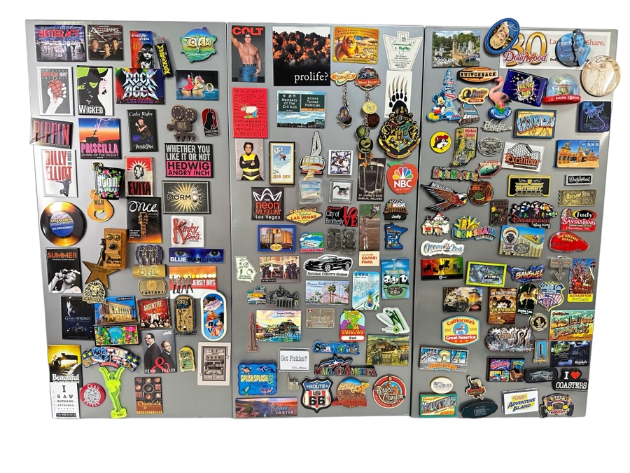 Huge Collection Of Amusement Theme Park / Theatre / Destination Magnets With Three Wall Magnet Boards 14.5 X 31 Each [Photo 1]