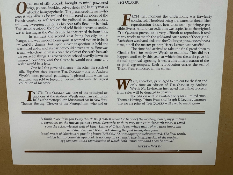 Andrew Wyeth 'The Quaker' Limited Edition Reproduction Print 22 X 20 And Frame 29.5 X 27.5 Reproduced From The Hand Carved Original Frame Overseen By Andrew Wyeth By Thomas Hoving, Triton Press, Joseph E. Levine [Photo 15]