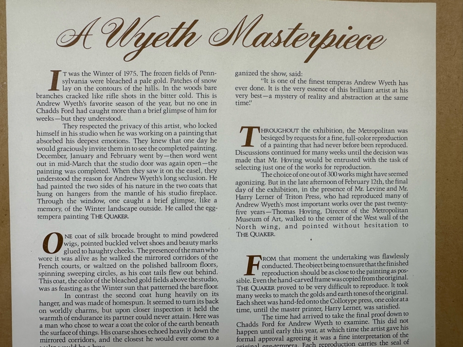 Andrew Wyeth 'The Quaker' Limited Edition Reproduction Print 22 X 20 And Frame 29.5 X 27.5 Reproduced From The Hand Carved Original Frame Overseen By Andrew Wyeth By Thomas Hoving, Triton Press, Joseph E. Levine [Photo 14]