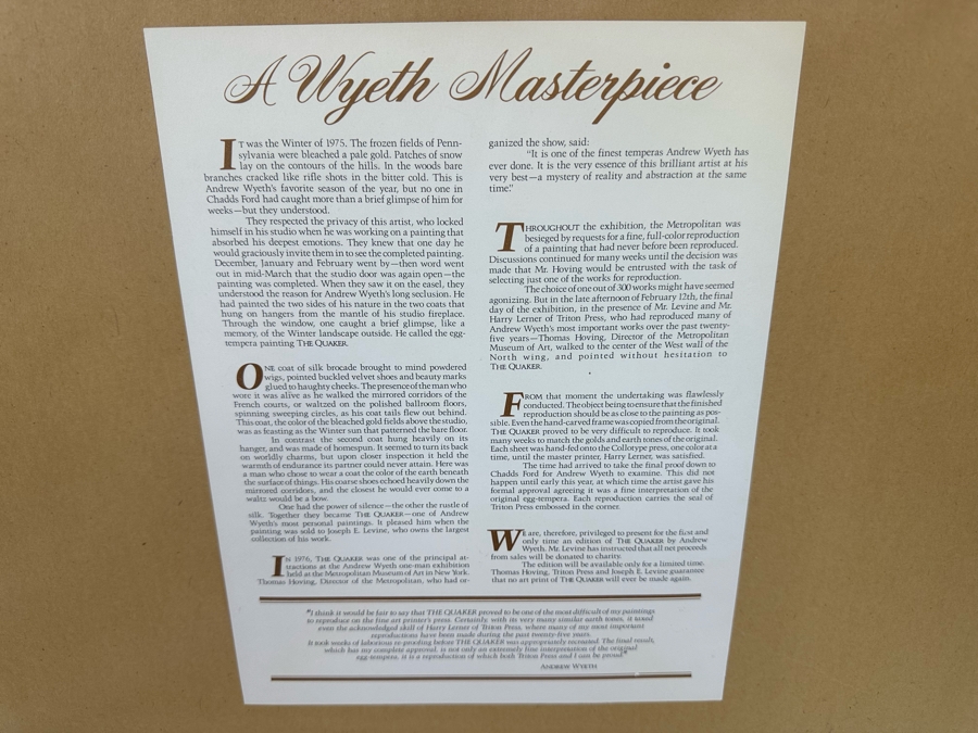 Andrew Wyeth 'The Quaker' Limited Edition Reproduction Print 22 X 20 And Frame 29.5 X 27.5 Reproduced From The Hand Carved Original Frame Overseen By Andrew Wyeth By Thomas Hoving, Triton Press, Joseph E. Levine [Photo 13]