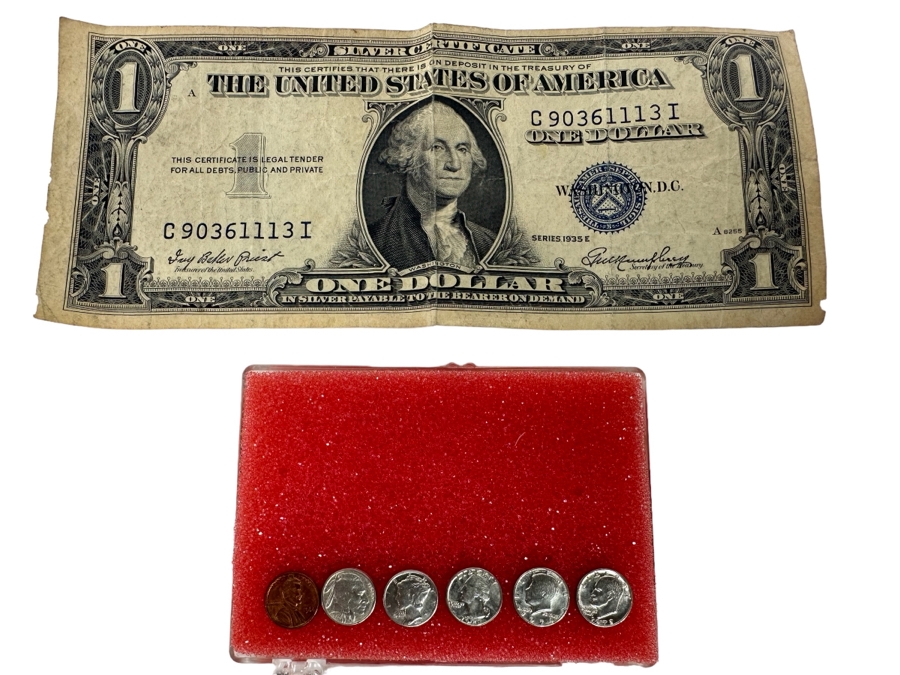 Vintage 1935 One Dollar Silver Certificate Along With A Set Of Miniature United States Coins