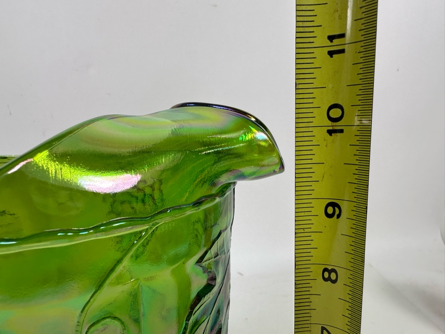 Green Carnival Glass Footed Embossed Grapes & Leaves Pitcher 10H [Photo 8]
