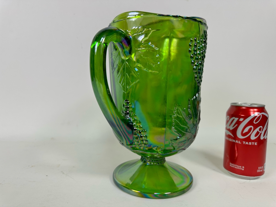 Green Carnival Glass Footed Embossed Grapes & Leaves Pitcher 10H [Photo 6]