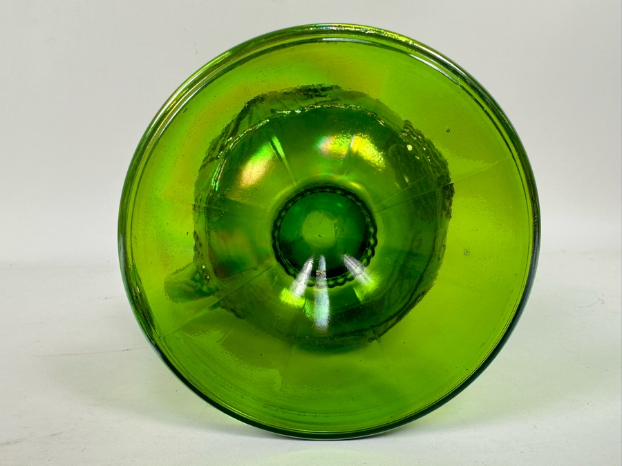 Green Carnival Glass Footed Embossed Grapes & Leaves Pitcher 10H [Photo 7]