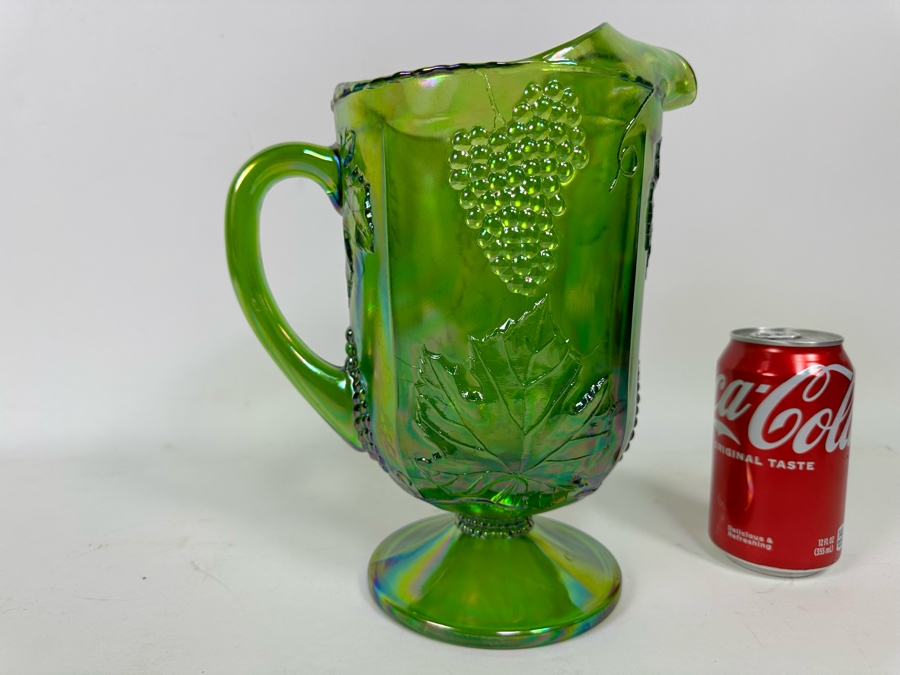 Green Carnival Glass Footed Embossed Grapes & Leaves Pitcher 10H [Photo 5]