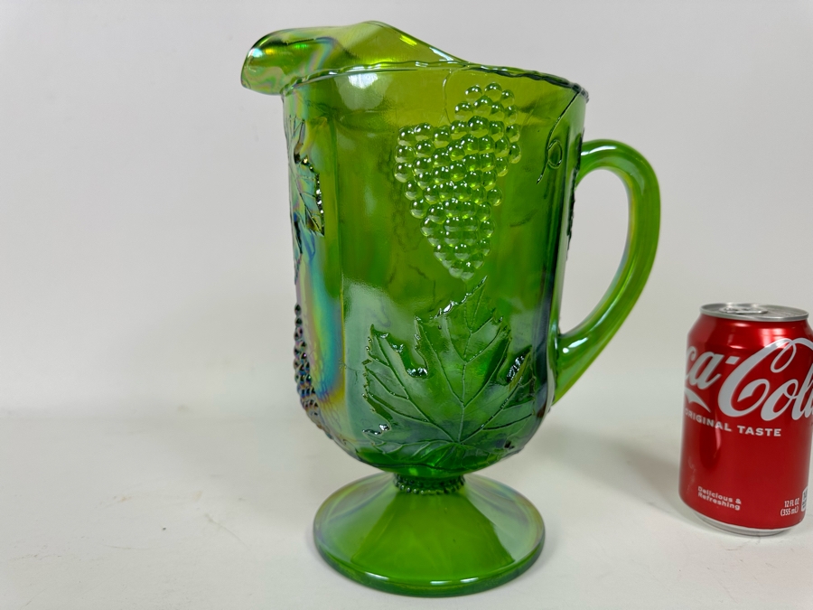 Green Carnival Glass Footed Embossed Grapes & Leaves Pitcher 10H [Photo 3]