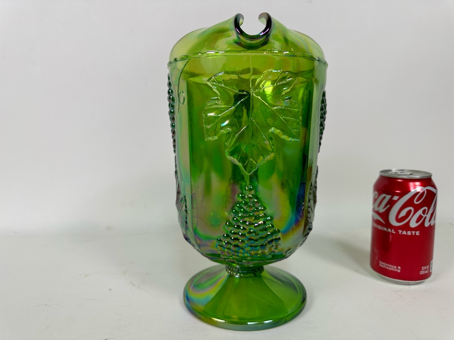 Green Carnival Glass Footed Embossed Grapes & Leaves Pitcher 10H [Photo 4]