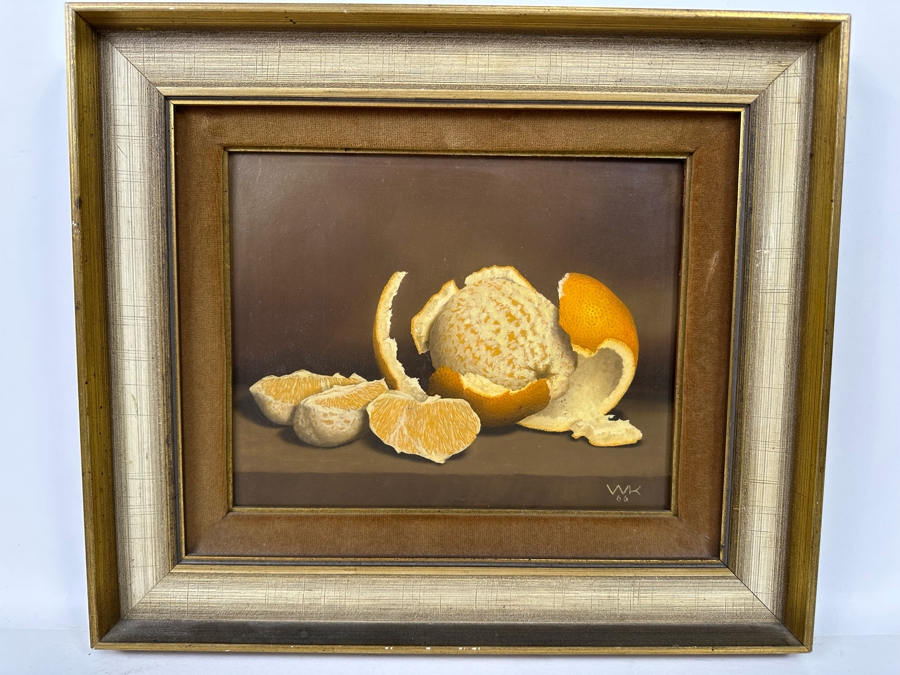 Stunning Original Peeled Orange Still Life Painting Signed WK 1966 10 X 8 Framed 15.5 X 13 [Photo 3]