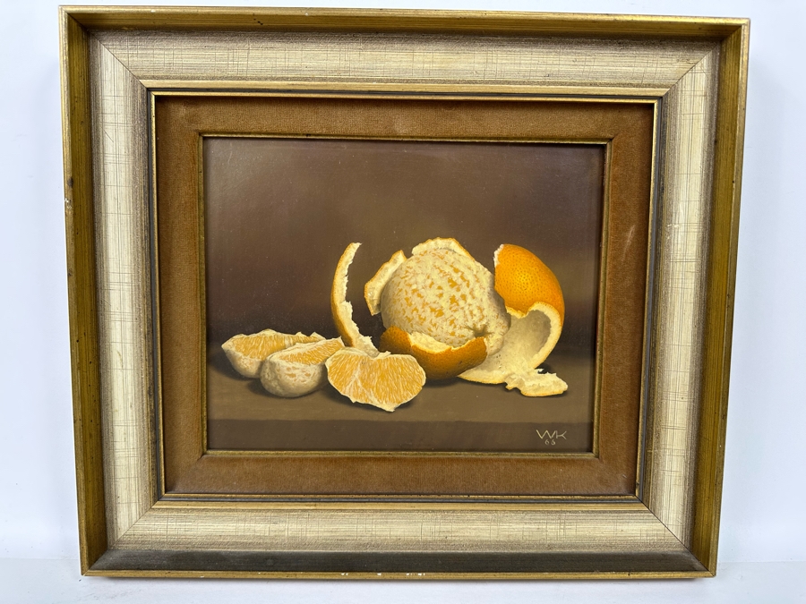 Stunning Original Peeled Orange Still Life Painting Signed WK 1966 10 X 8 Framed 15.5 X 13 [Photo 4]