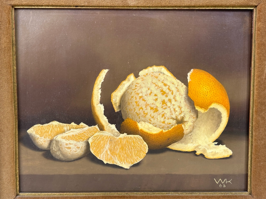 Stunning Original Peeled Orange Still Life Painting Signed WK 1966 10 X 8 Framed 15.5 X 13 [Photo 1]