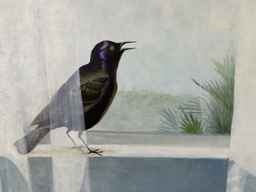 Alcina Nolley (St. Lucia) Original Oil Painting On Canvas 1986 'Morning Has Broken, Like The First Dawning. Blackbird Is Singing, Like The First Bird' 37.25 X 37.25 Framed 45.5 X 45.5 [Photo 14]