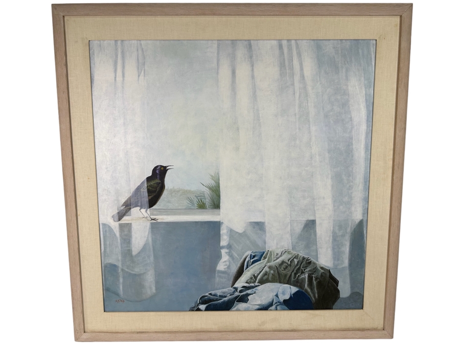 Alcina Nolley (St. Lucia) Original Oil Painting On Canvas 1986 'Morning Has Broken, Like The First Dawning. Blackbird Is Singing, Like The First Bird' 37.25 X 37.25 Framed 45.5 X 45.5 [Photo 1]