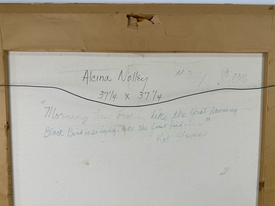 Alcina Nolley (St. Lucia) Original Oil Painting On Canvas 1986 'Morning Has Broken, Like The First Dawning. Blackbird Is Singing, Like The First Bird' 37.25 X 37.25 Framed 45.5 X 45.5 [Photo 16]
