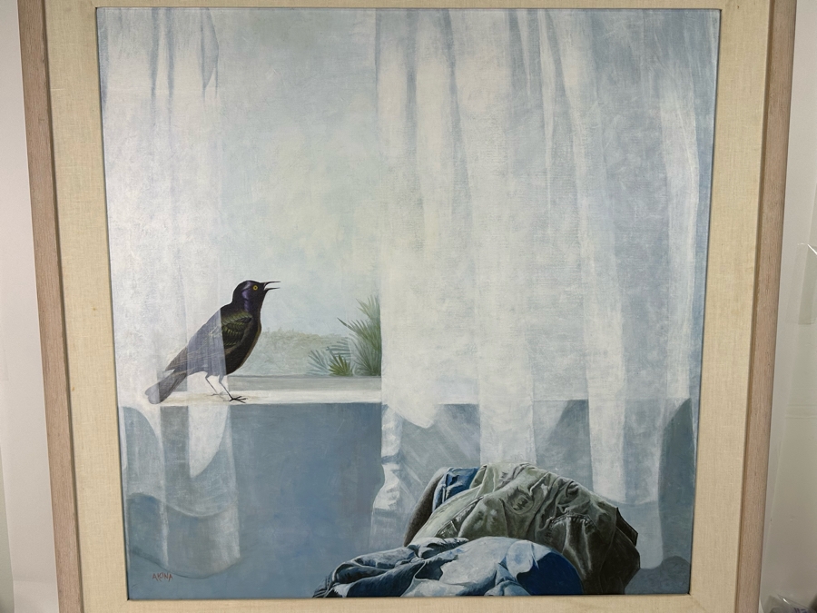 Alcina Nolley (St. Lucia) Original Oil Painting On Canvas 1986 'Morning Has Broken, Like The First Dawning. Blackbird Is Singing, Like The First Bird' 37.25 X 37.25 Framed 45.5 X 45.5 [Photo 5]