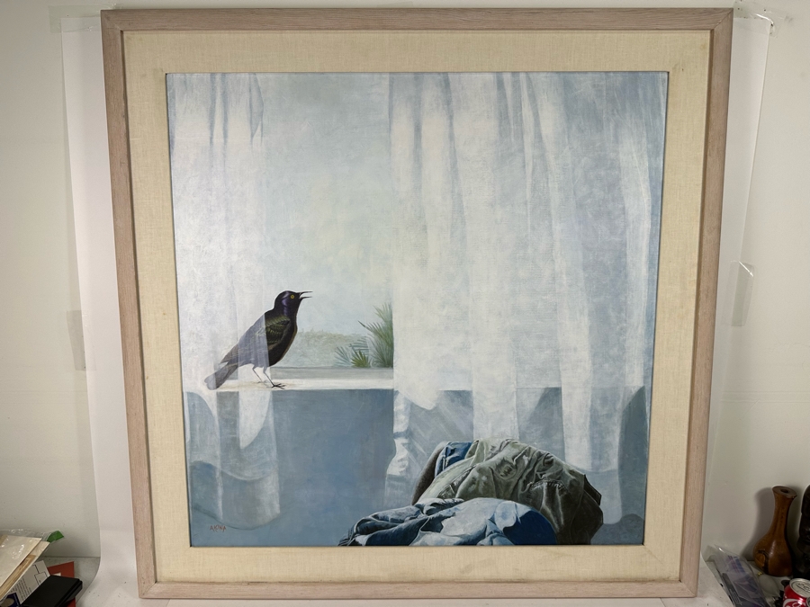 Alcina Nolley (St. Lucia) Original Oil Painting On Canvas 1986 'Morning Has Broken, Like The First Dawning. Blackbird Is Singing, Like The First Bird' 37.25 X 37.25 Framed 45.5 X 45.5 [Photo 2]