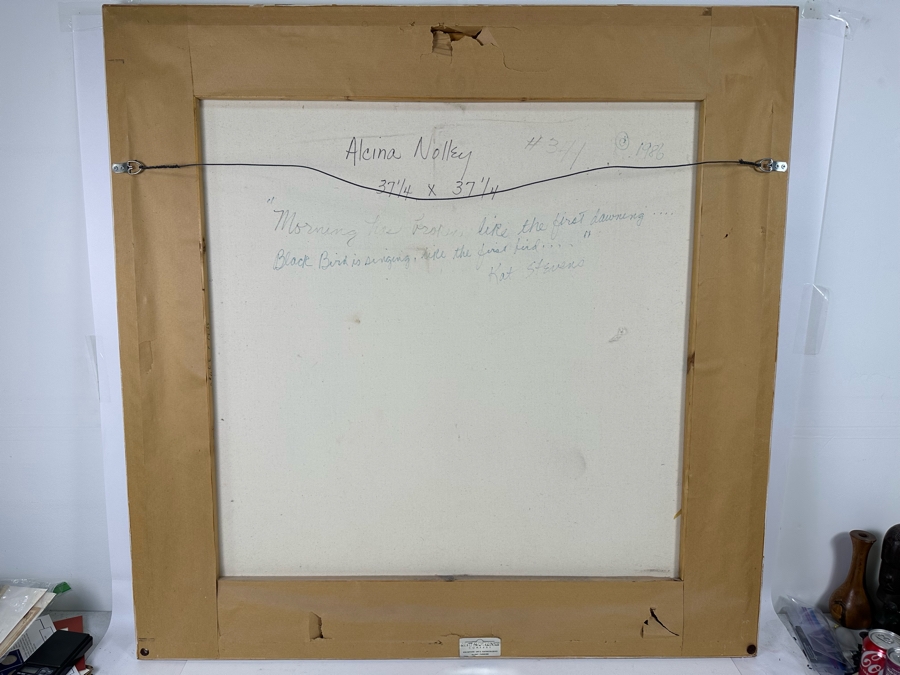 Alcina Nolley (St. Lucia) Original Oil Painting On Canvas 1986 'Morning Has Broken, Like The First Dawning. Blackbird Is Singing, Like The First Bird' 37.25 X 37.25 Framed 45.5 X 45.5 [Photo 15]