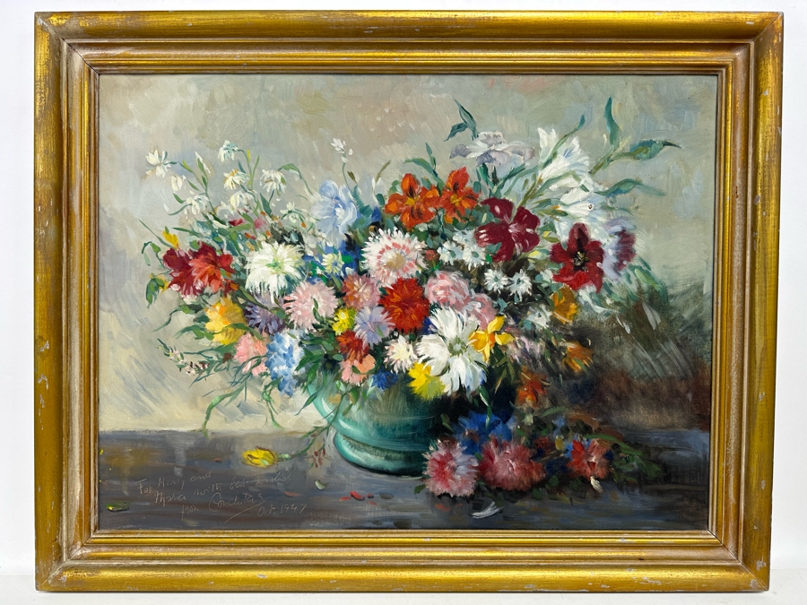 Vintage 1947 Stunning Original Still Life Oil Painting On Canvas 27 X 20 Framed 32 X 25 Signed Conchita? [Photo 3]
