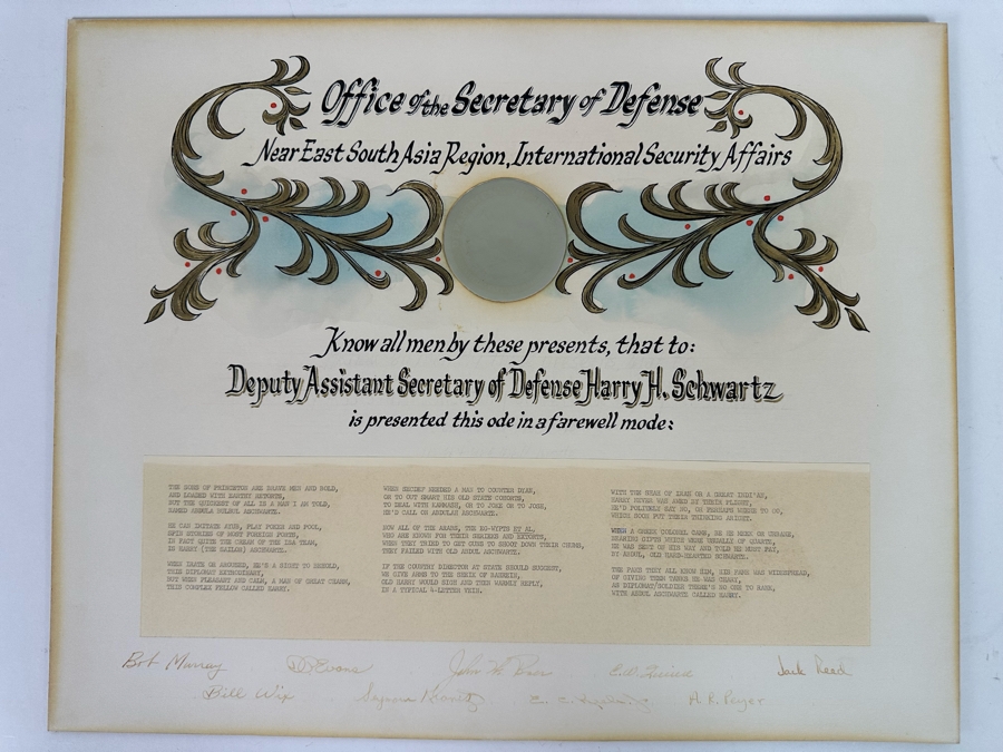 Handmade Farewell Certificate Awarded To The Deputy Assistant Secretary Of Defense Harry H. Schwartz From The Office Of The Secretary Of Defense 20 X 16 - See Signatures At Bottom [Photo 3]