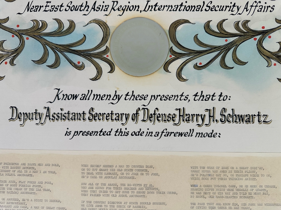 Handmade Farewell Certificate Awarded To The Deputy Assistant Secretary Of Defense Harry H. Schwartz From The Office Of The Secretary Of Defense 20 X 16 - See Signatures At Bottom [Photo 5]