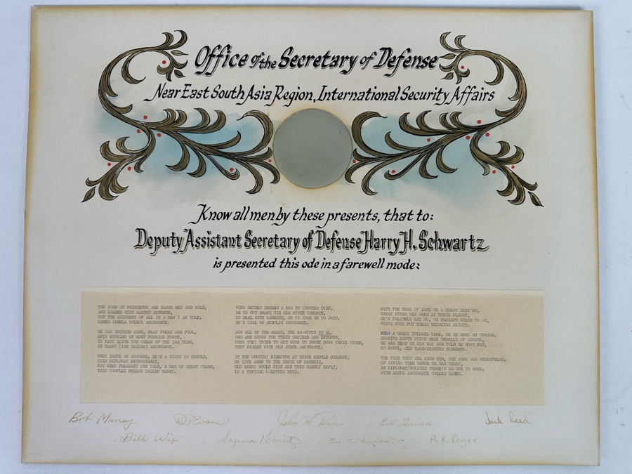 Handmade Farewell Certificate Awarded To The Deputy Assistant Secretary Of Defense Harry H. Schwartz From The Office Of The Secretary Of Defense 20 X 16 - See Signatures At Bottom [Photo 2]