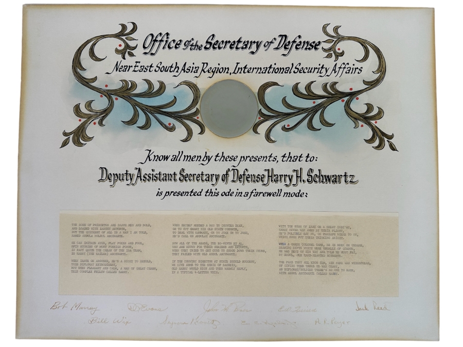 Handmade Farewell Certificate Awarded To The Deputy Assistant Secretary Of Defense Harry H. Schwartz From The Office Of The Secretary Of Defense 20 X 16 - See Signatures At Bottom [Photo 1]