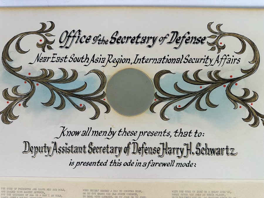 Handmade Farewell Certificate Awarded To The Deputy Assistant Secretary Of Defense Harry H. Schwartz From The Office Of The Secretary Of Defense 20 X 16 - See Signatures At Bottom [Photo 4]