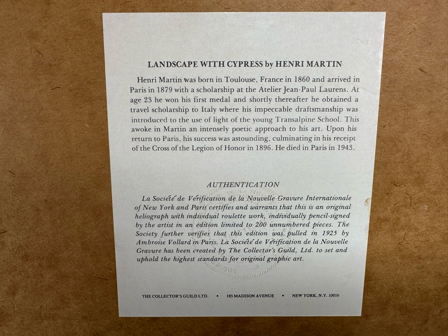 Henri-Jean Guillaume Martin (1860-1943, France) Neo-impressionist Landscape Heliograph Titled 'Landscape With Cypress' With Individual Roulette Work Pencil Signed By Henri Martin Limited To 200 Unnumbered Pieces From 1925 With Cert 19 X 17 Framed 28 X 26 [Photo 19]