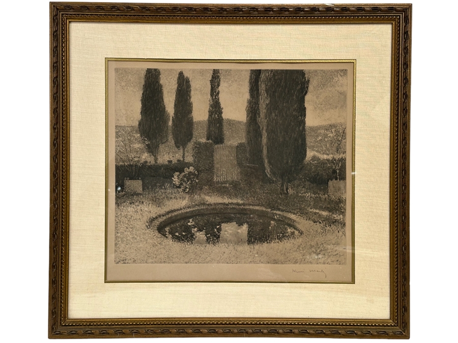 Henri-Jean Guillaume Martin (1860-1943, France) Neo-impressionist Landscape Heliograph Titled 'Landscape With Cypress' With Individual Roulette Work Pencil Signed By Henri Martin Limited To 200 Unnumbered Pieces From 1925 With Cert 19 X 17 Framed 28 X 26