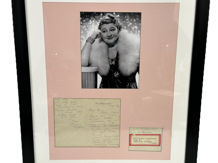 Handwritten Signed Letter From Sophie Tucker Dated 1945 With Photograph Framed 22.5 X 26.5