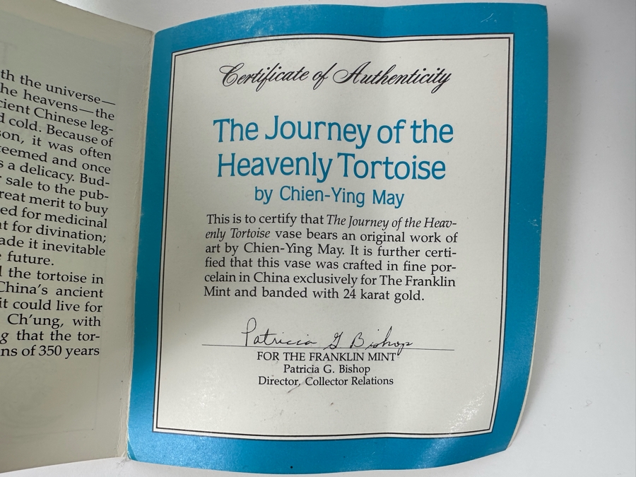 Pair Of Franklin Mint Fine Porcelain Vases Banded With 24K Gold By Chien-Ying May: The Dance Of The Celestrial Dragon And The Journey Of The Heavenly Tortoise With Stands 10.25H [Photo 13]