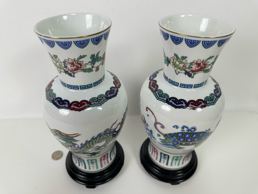 Pair Of Franklin Mint Fine Porcelain Vases Banded With 24K Gold By Chien-Ying May: The Dance Of The Celestrial Dragon And The Journey Of The Heavenly Tortoise With Stands 10.25H [Photo 9]