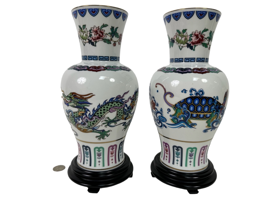 Pair Of Franklin Mint Fine Porcelain Vases Banded With 24K Gold By Chien-Ying May: The Dance Of The Celestrial Dragon And The Journey Of The Heavenly Tortoise With Stands 10.25H [Photo 1]