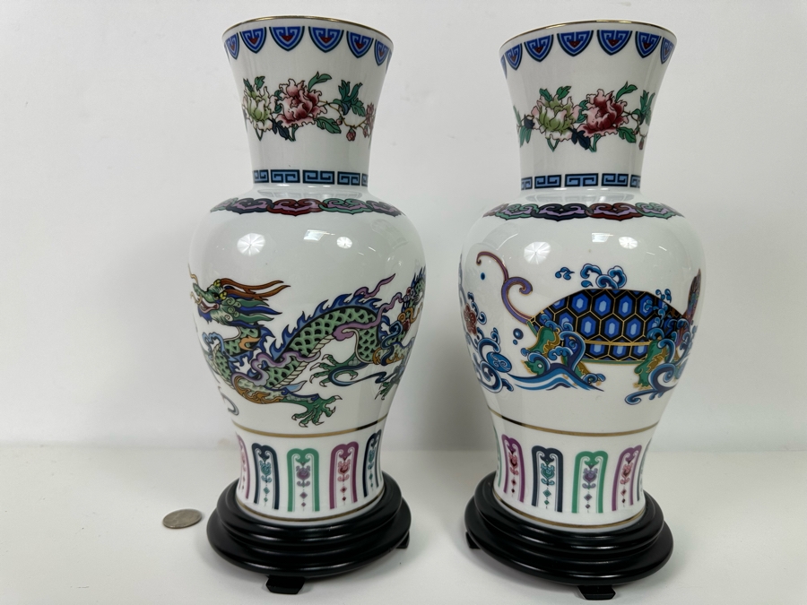 Pair Of Franklin Mint Fine Porcelain Vases Banded With 24K Gold By Chien-Ying May: The Dance Of The Celestrial Dragon And The Journey Of The Heavenly Tortoise With Stands 10.25H [Photo 3]