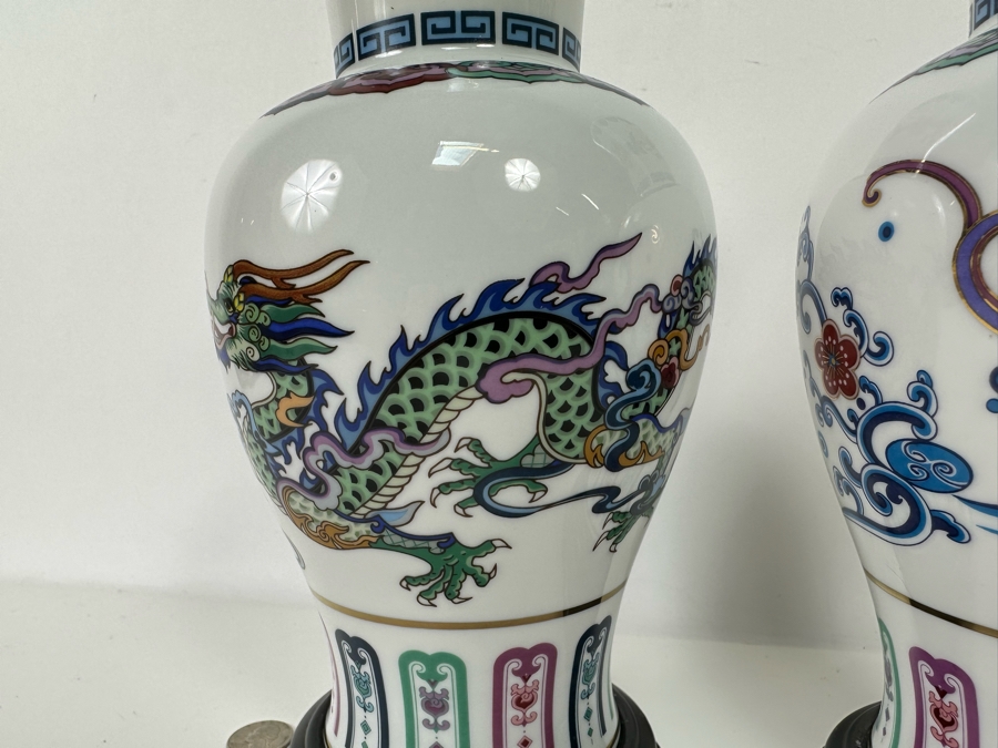 Pair Of Franklin Mint Fine Porcelain Vases Banded With 24K Gold By Chien-Ying May: The Dance Of The Celestrial Dragon And The Journey Of The Heavenly Tortoise With Stands 10.25H [Photo 5]