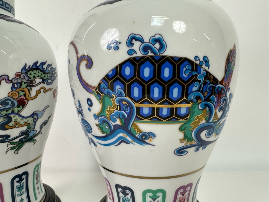 Pair Of Franklin Mint Fine Porcelain Vases Banded With 24K Gold By Chien-Ying May: The Dance Of The Celestrial Dragon And The Journey Of The Heavenly Tortoise With Stands 10.25H [Photo 6]