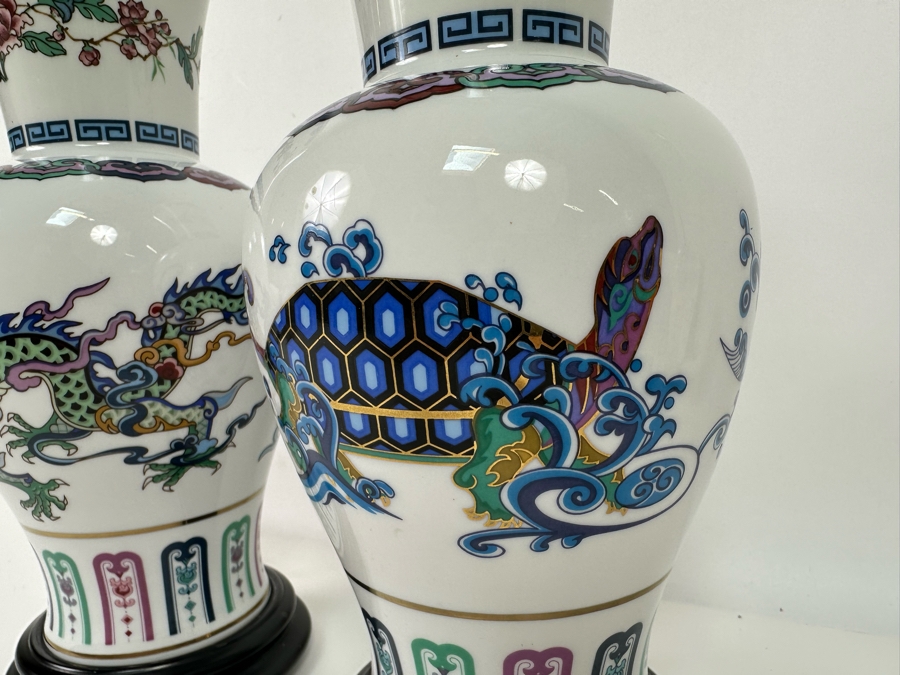 Pair Of Franklin Mint Fine Porcelain Vases Banded With 24K Gold By Chien-Ying May: The Dance Of The Celestrial Dragon And The Journey Of The Heavenly Tortoise With Stands 10.25H [Photo 7]