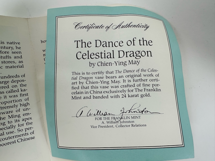 Pair Of Franklin Mint Fine Porcelain Vases Banded With 24K Gold By Chien-Ying May: The Dance Of The Celestrial Dragon And The Journey Of The Heavenly Tortoise With Stands 10.25H [Photo 14]