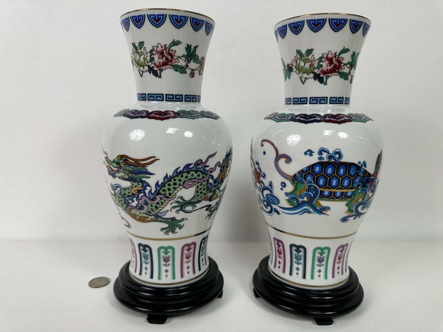 Pair Of Franklin Mint Fine Porcelain Vases Banded With 24K Gold By Chien-Ying May: The Dance Of The Celestrial Dragon And The Journey Of The Heavenly Tortoise With Stands 10.25H [Photo 2]