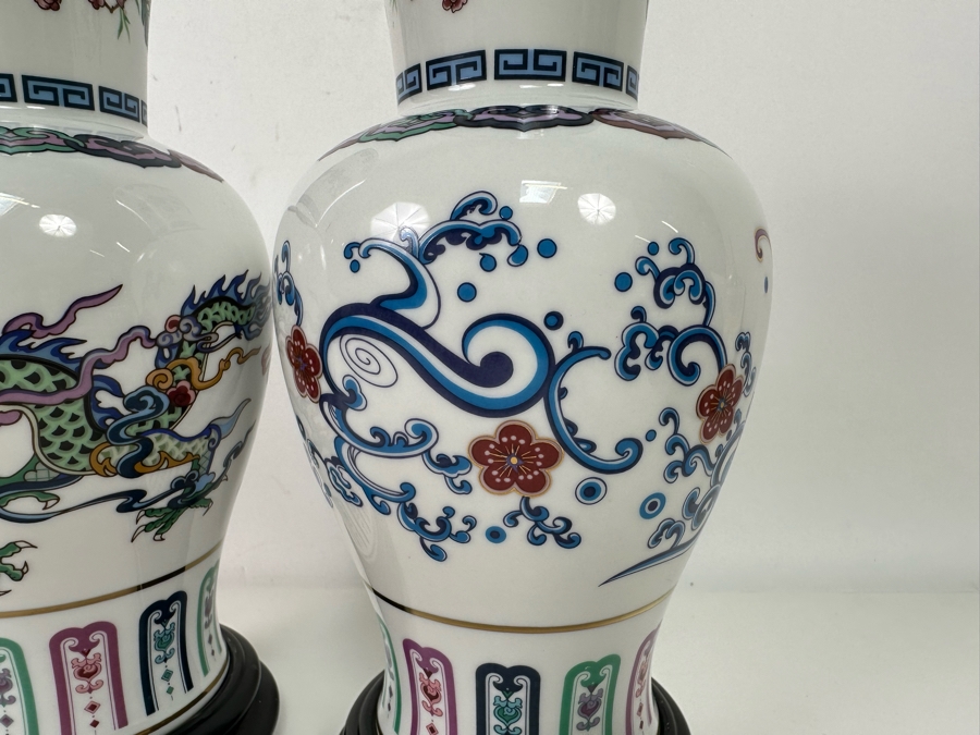 Pair Of Franklin Mint Fine Porcelain Vases Banded With 24K Gold By Chien-Ying May: The Dance Of The Celestrial Dragon And The Journey Of The Heavenly Tortoise With Stands 10.25H [Photo 10]