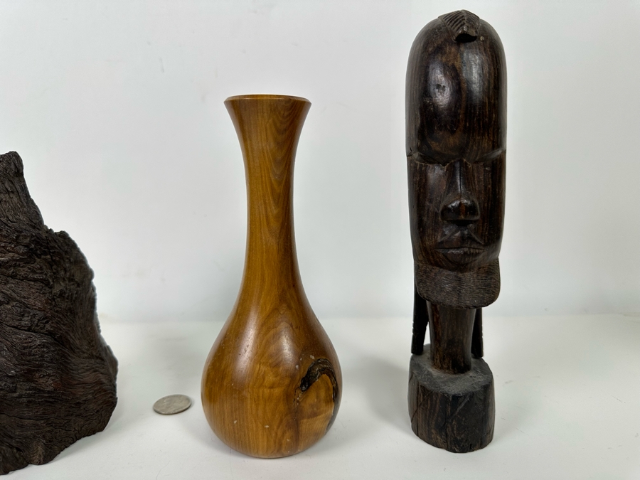 Organic Wood Sculpture 7H (L), Turned Wooden Signed Vase 7.5H (M) And Carved Wooden African Bust 9H (R)  [Photo 12]